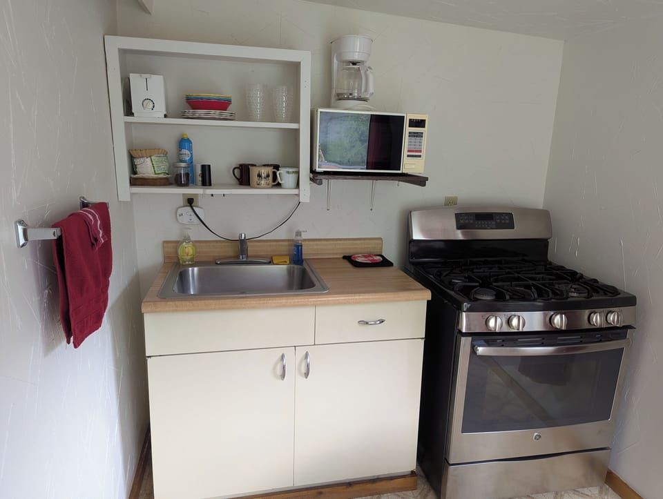 Cabin 11's kitchen has been freshly painted and includes a new gas stove.
