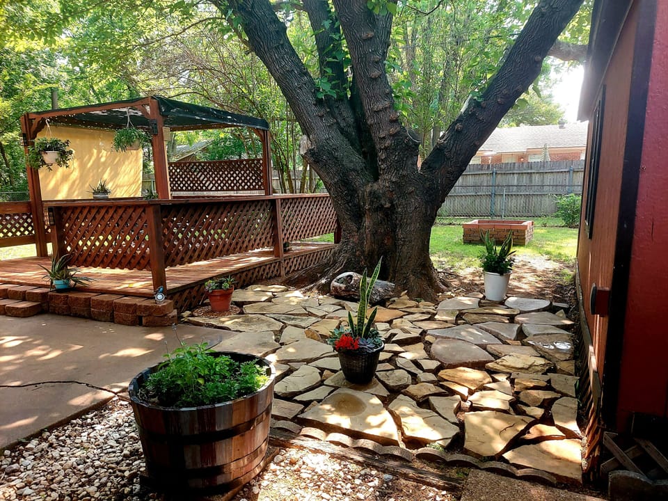 Tranquil Backyard with patio, Wood deck , Firepit