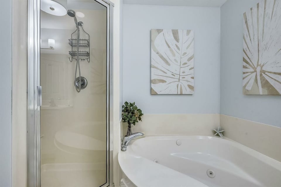 Primary ensuite bathroom with walk-in shower and jetted tub