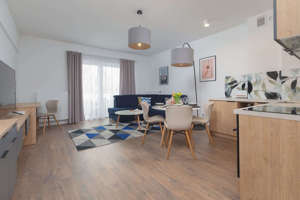 Comfortable space of the apartment/living room with a sofa and kitchenette with dining area.
