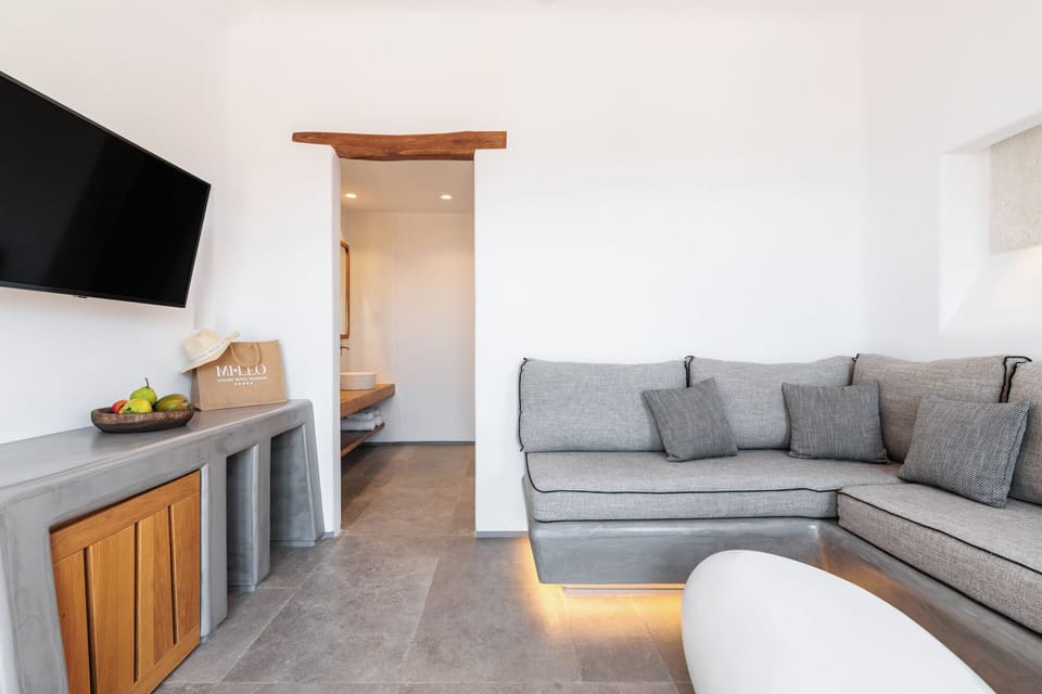 Superior Executive Suite with Private Pool & Sea View | Living area | Flat-screen TV, books