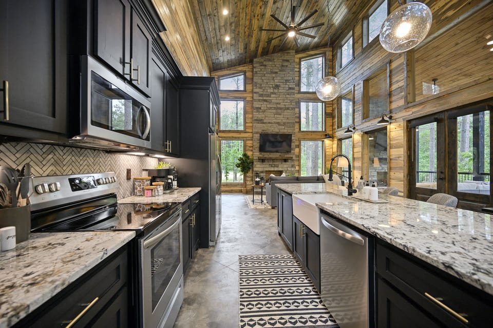Soaring ceilings in the living room and kitchen.