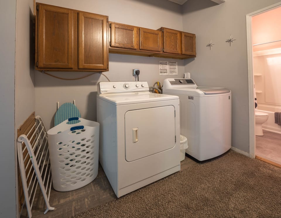 You're free to use our washer and dryer and we provide detergent.