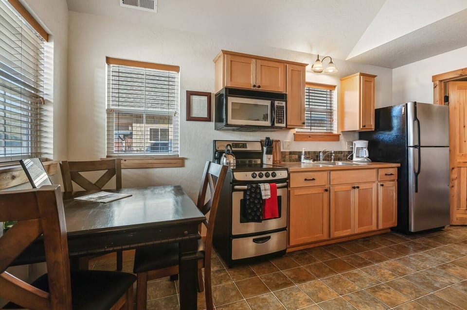 Spacious dining and kitchen area.