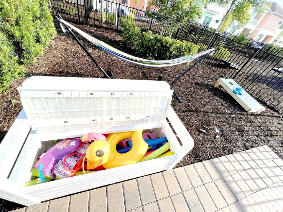 There's some fun pool toys in the storage bench for the kids!