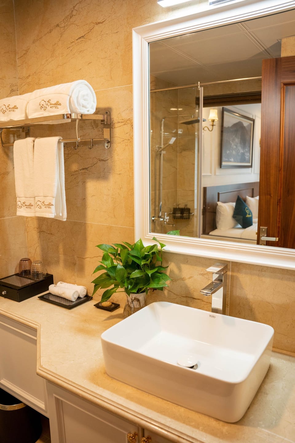 Shower, hydromassage showerhead, designer toiletries, hair dryer