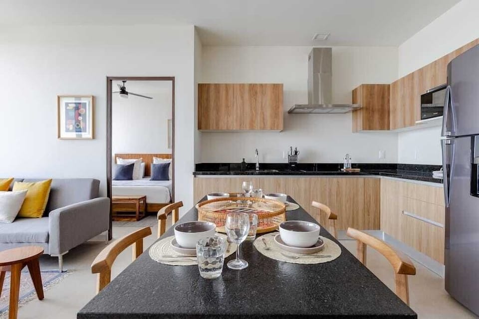 Dining room and kitchen. Living room. Bedroom.