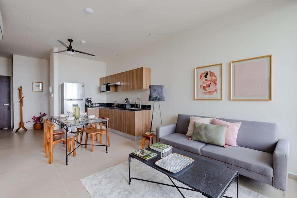 Living room. Dining room and kitchen.