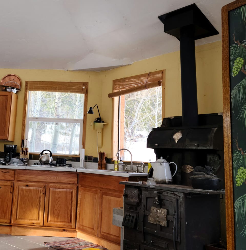 Kitchen is well stocked- propane stove &  AWSOME 1880's wood burning stove. 