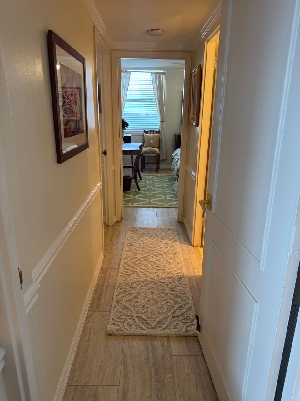 Hallway looking from kitchen to guest bedroom.