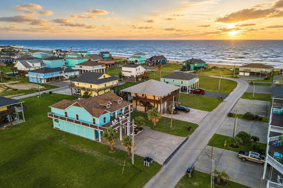 Aerial view of the Crystal Beach community showing colorful coastal homes, nearby roads, open green spaces, and the Gulf shoreline.