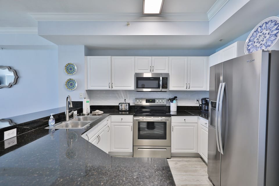 Fully stocked kitchen.
