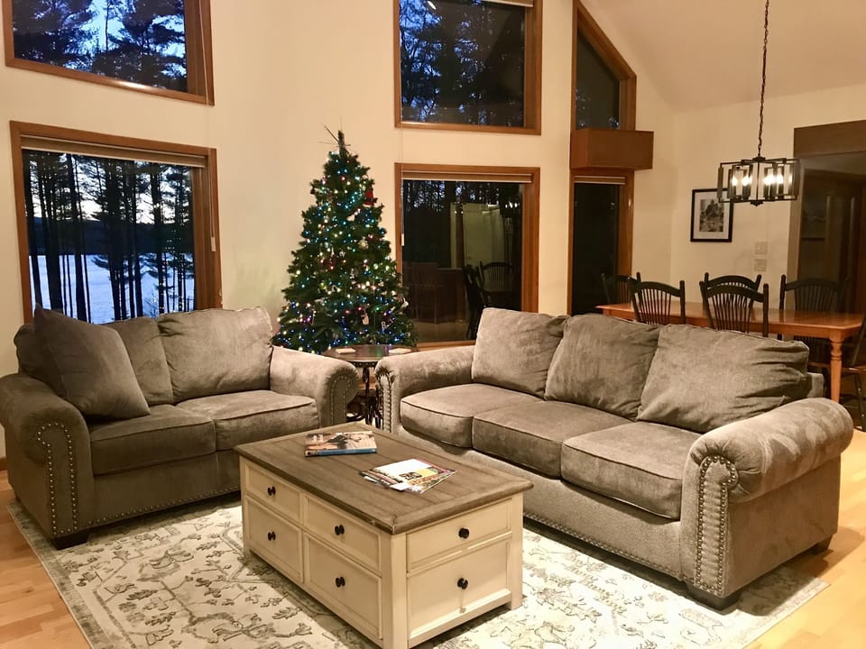 Cozy living space with winter views