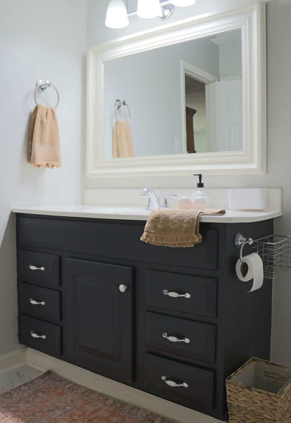 The hall bathroom is a full bath with tower/tub combo and toiliet. 