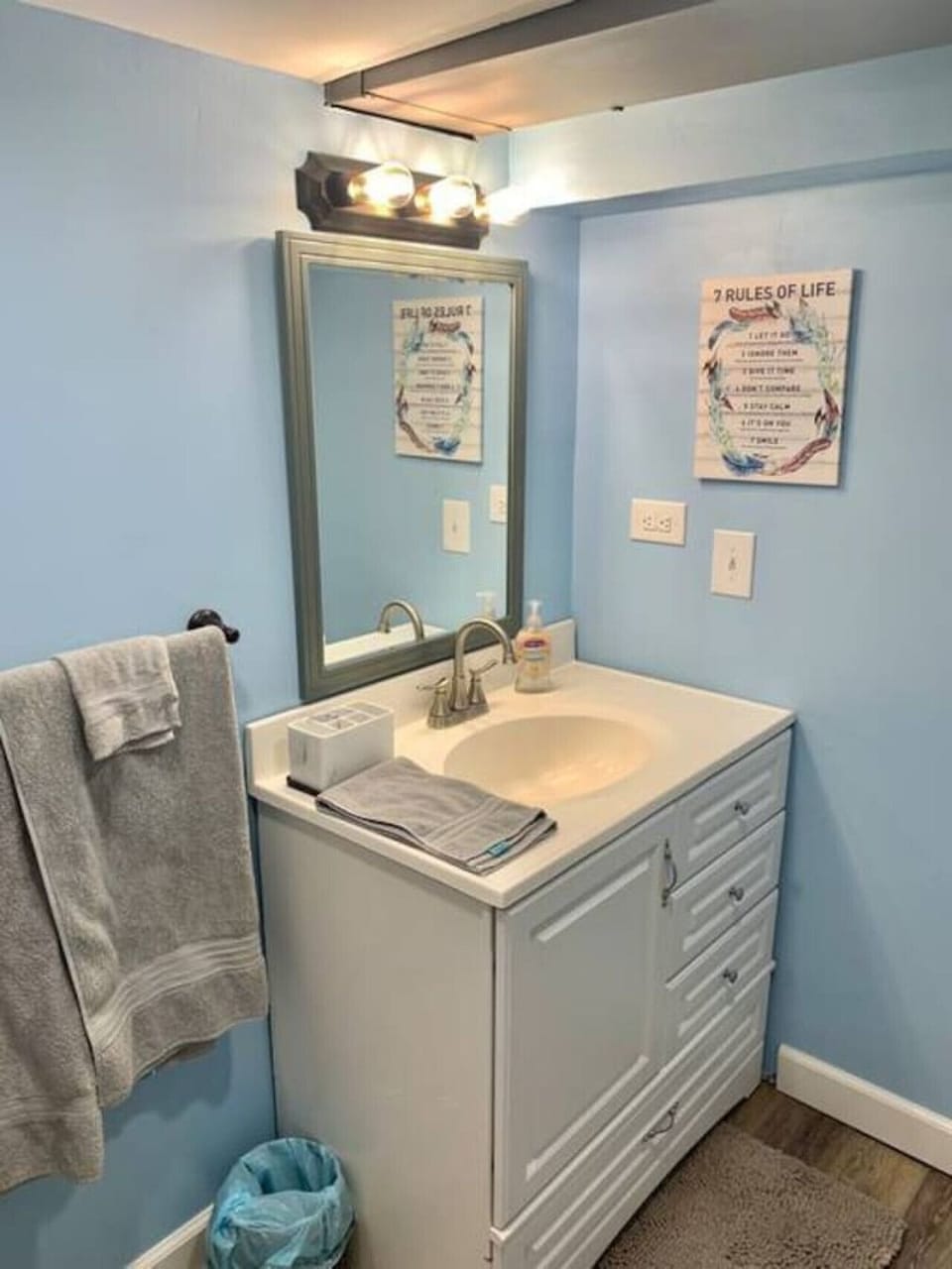 Basement Bathroom-Stand up shower with rain showerhead-Toilet-Large vanity