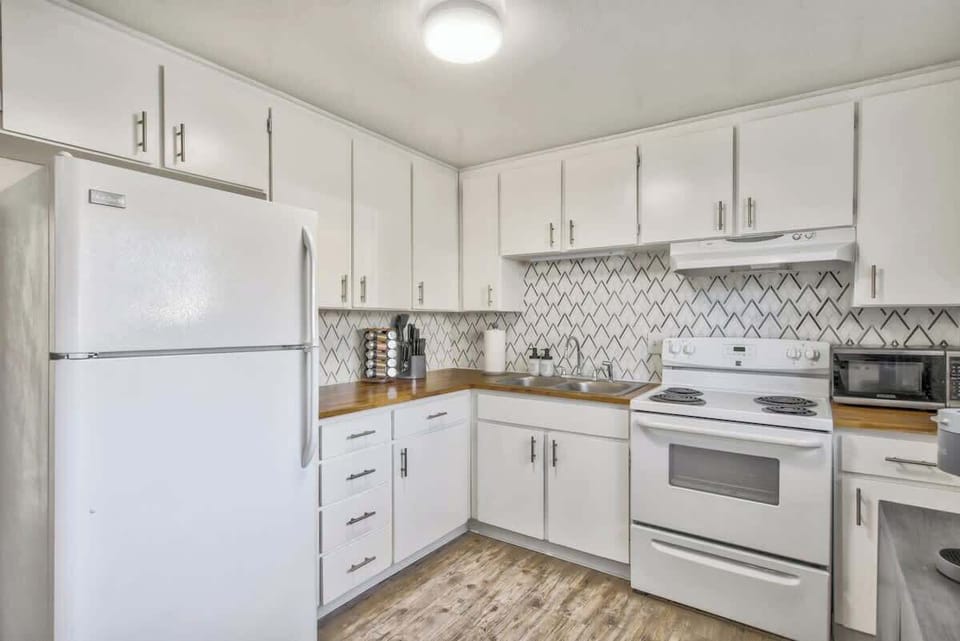 We have a complete kitchenware. We also have a refrigerator, microwave, stove, coffee maker, and many other items and appliances!