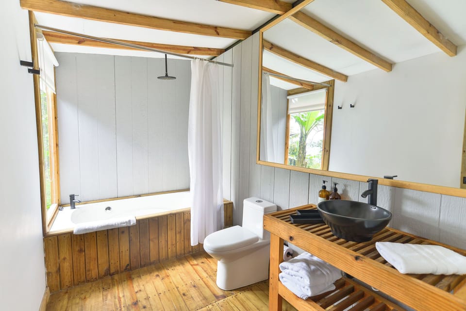 Combined shower/tub, free toiletries, slippers, towels