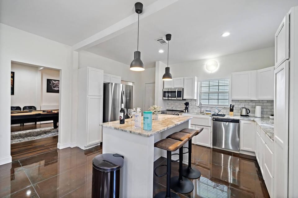 Fridge dispenses water and ice! Stainless steel appliances.