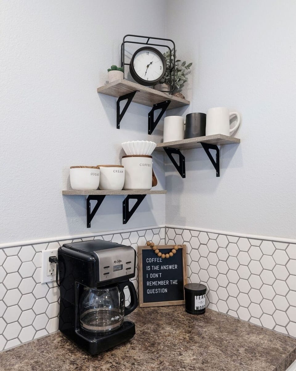 Coffee station stocked with coffee, creamer, sugar, and filters. 