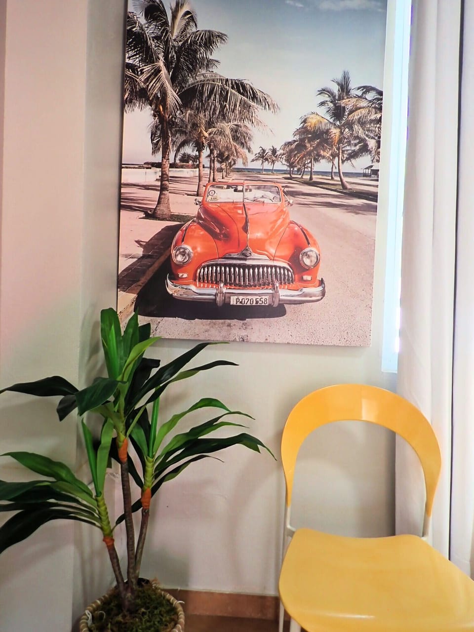 Artistic Nook: Vibrant decor with palm trees and a classic car for a tropical vibe!