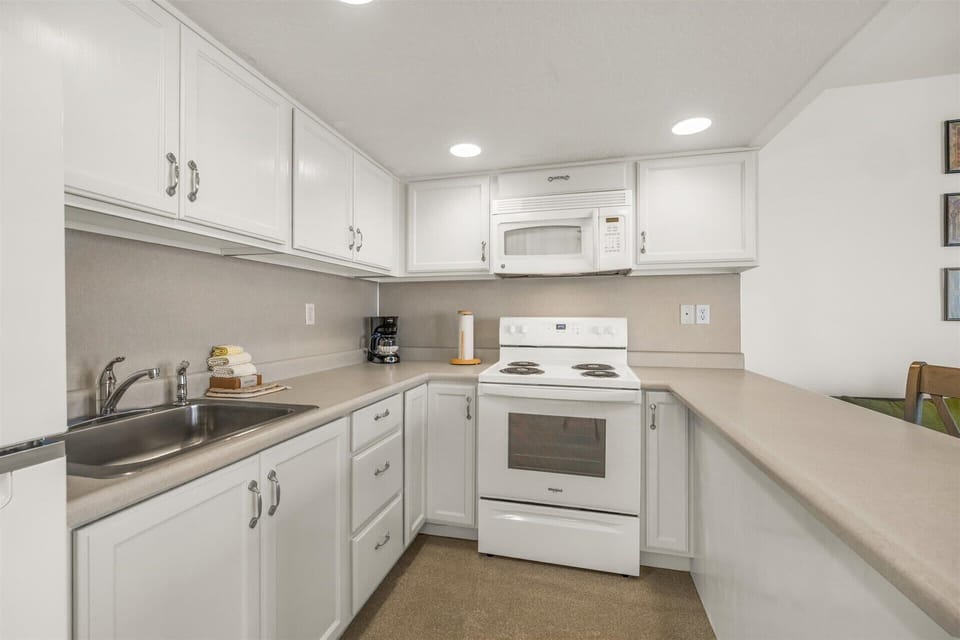 The kitchen includes an oven, stove, microwave, and a fridge