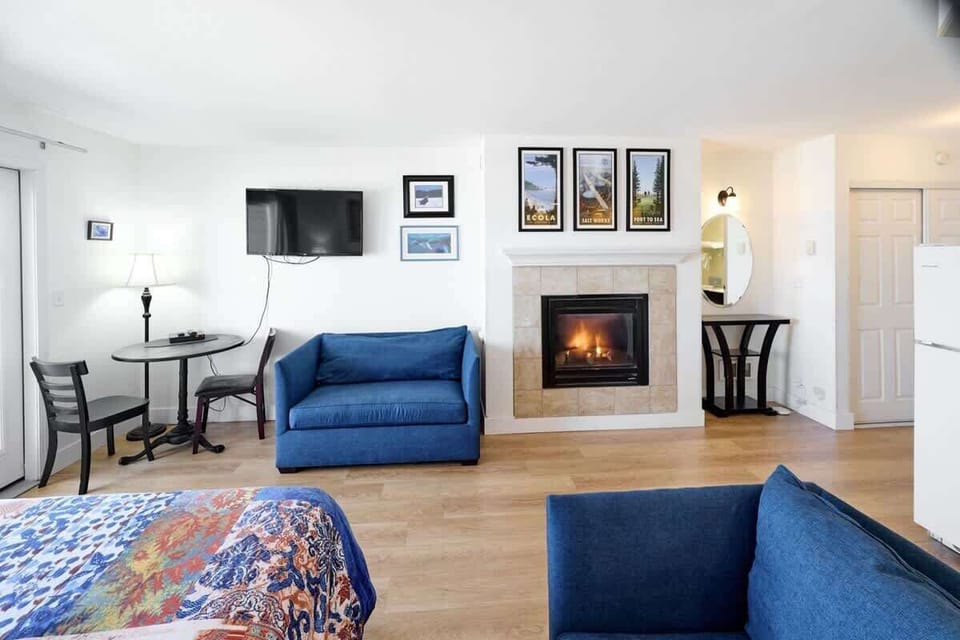 Stay cozy in this fireplace studio