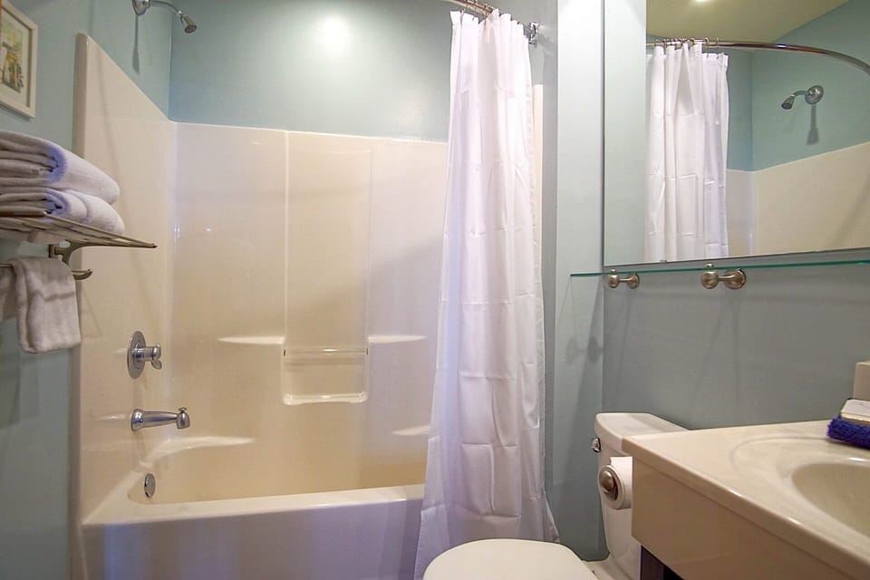 The bathroom has a tub/shower combo.