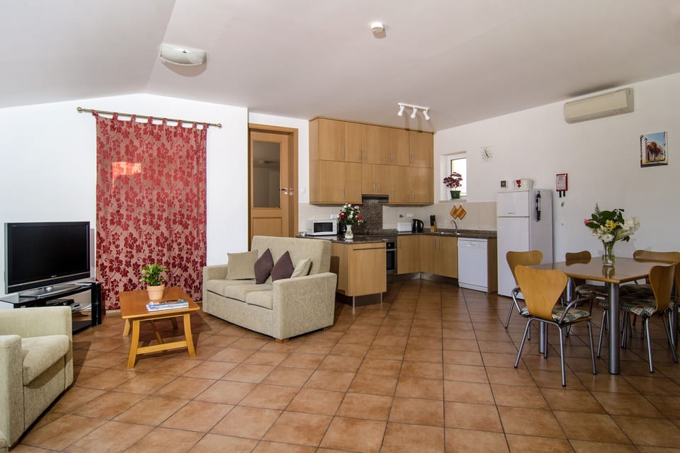 Villa Mariposa: the large, open kitchen including dining table is located in the living room and is equipped with all important kitchen appliances. A TV with grey sofa and armchair is right next to the door to the terrace.