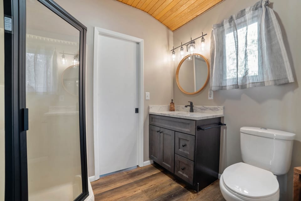 Bathroom 2- main floor, shower, soap, towels, tp provided