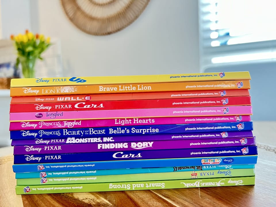 We have a colorful collection of Disney Pixar books for kids.