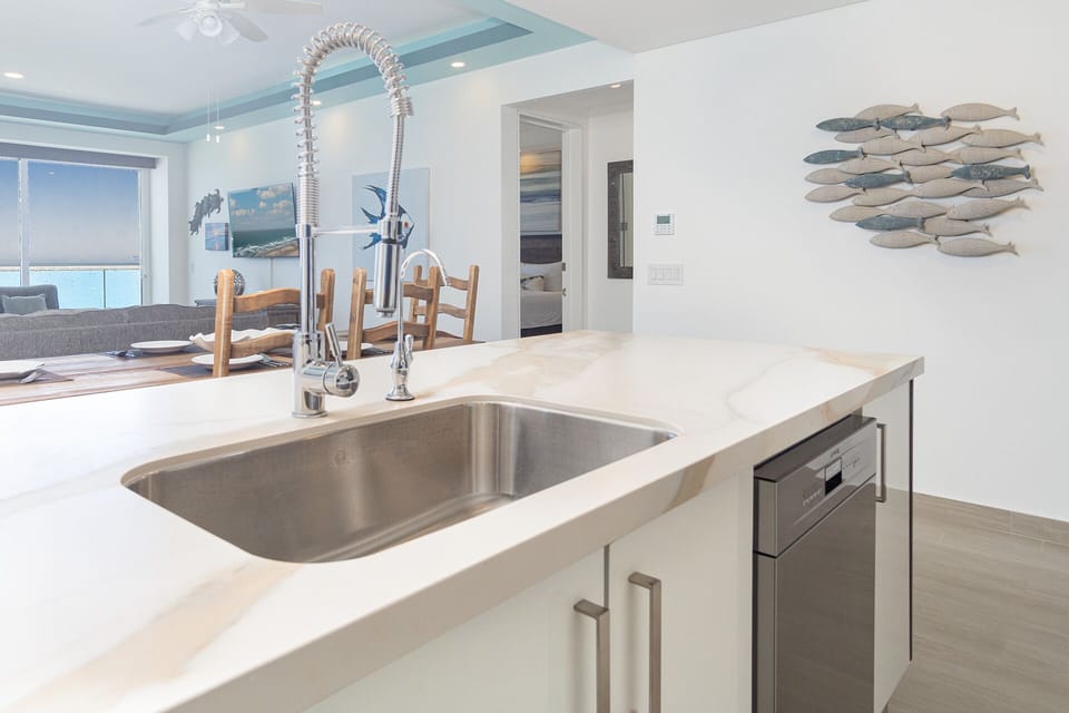 Kitchen counter with sink and dishes washer.
