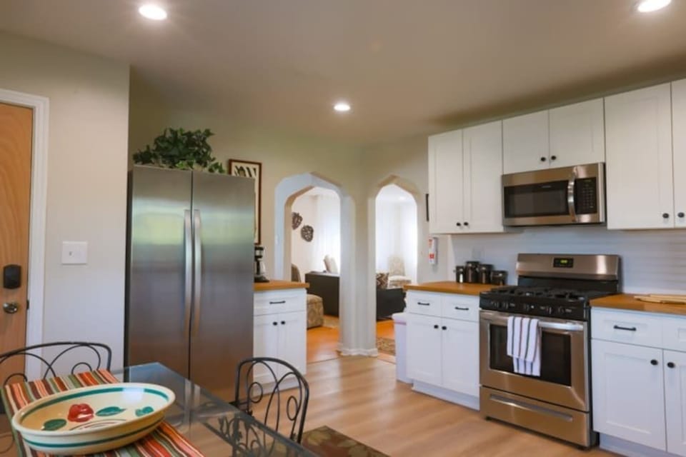 A great kitchen, with stainless steel appliances and coffee station.  