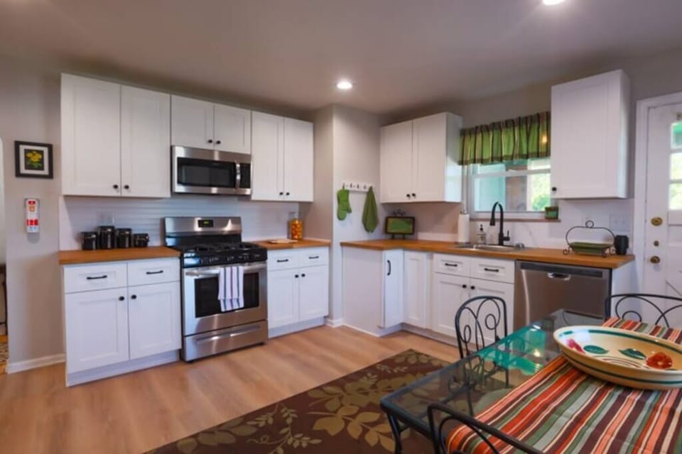 This lovely home offers a fully renovated and stocked eat in kitchen.