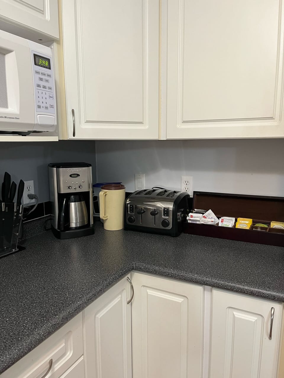 Coffee machine and four slice toaster. An assortment of tea for your pleasure.