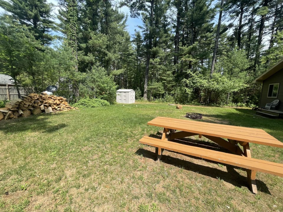 Fire pit and picnic table in backyard 