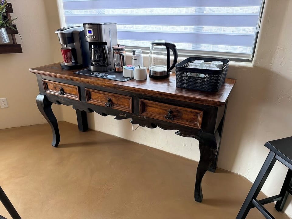 Upgraded Coffee bar with 3 types of coffee makers, hot water kettle and supplies