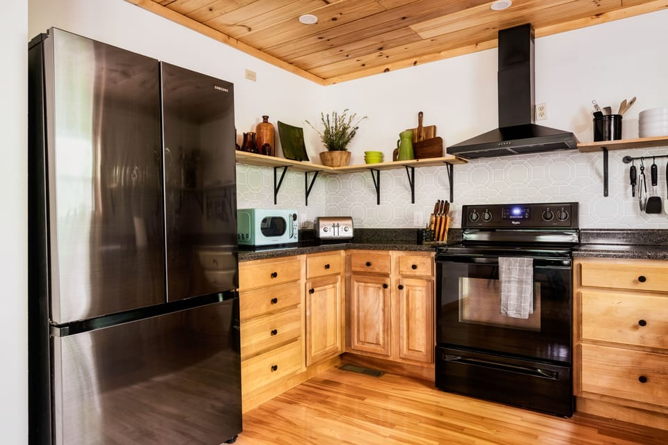Retro microwave and styled decor throughout