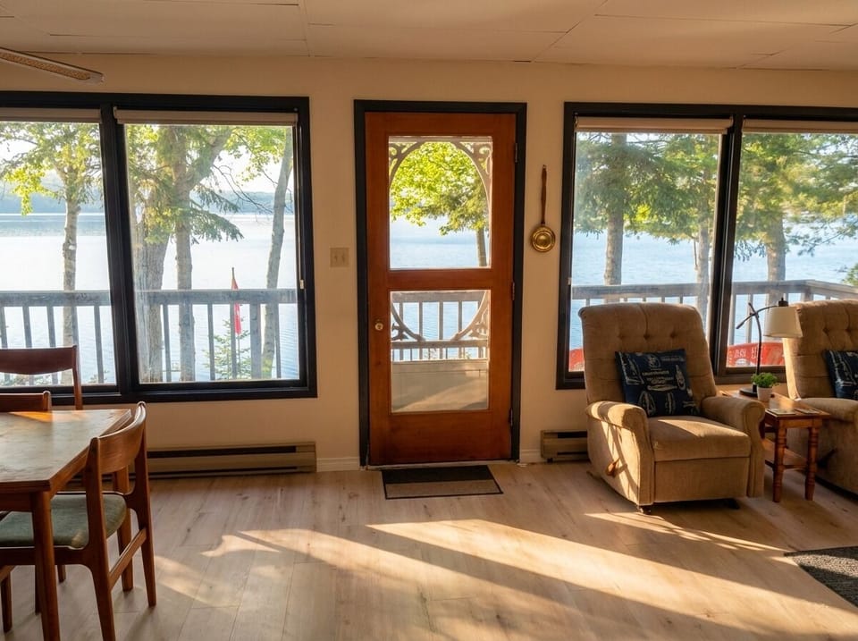 Oversized windows face the water. The lake greets you before your morning coffee