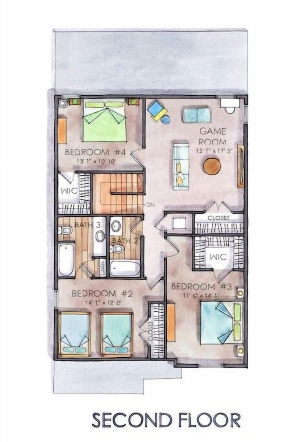 Enjoy an open gameroom and three spacious bedrooms during your stay.