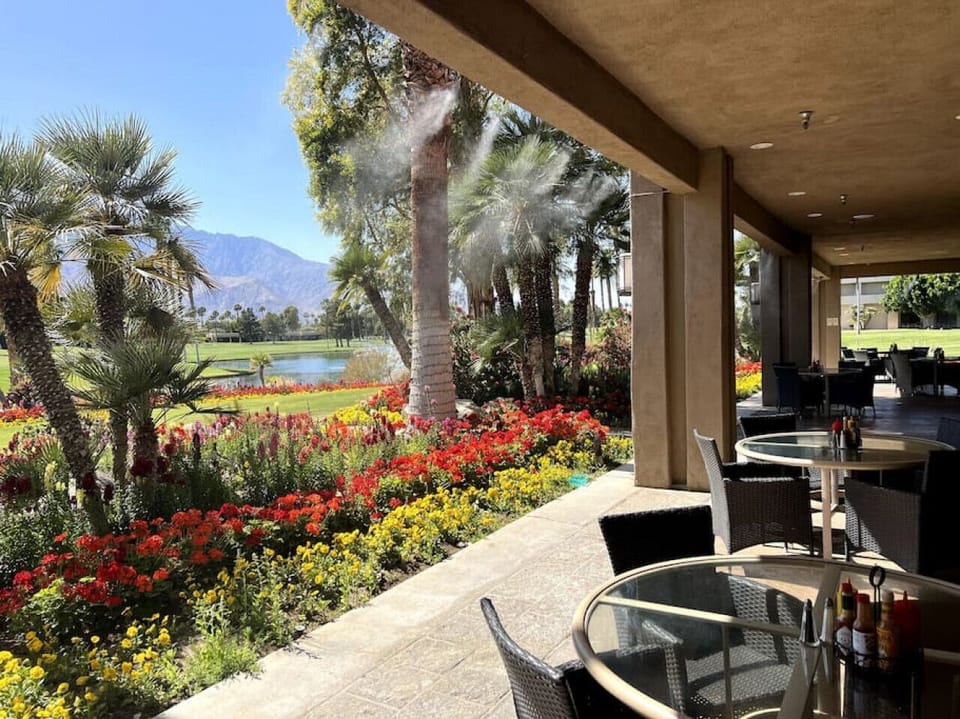 Club house has a restaurant that is facing San Jacinto mountains.