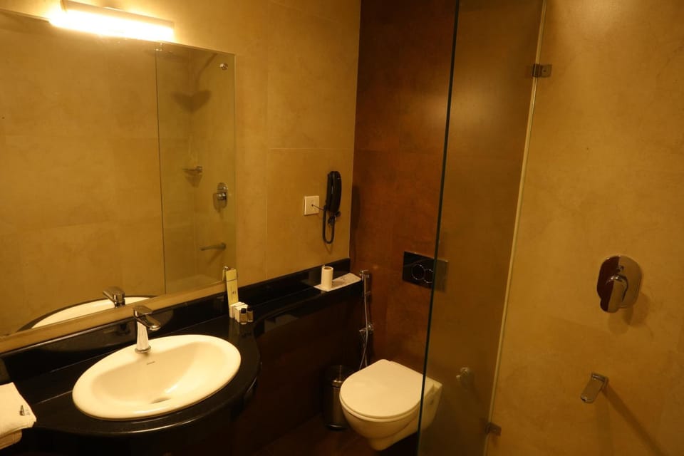 Combined shower/tub, deep soaking tub, free toiletries, hair dryer