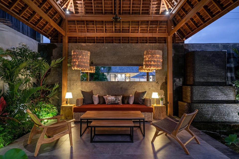 View of the seating area at night 