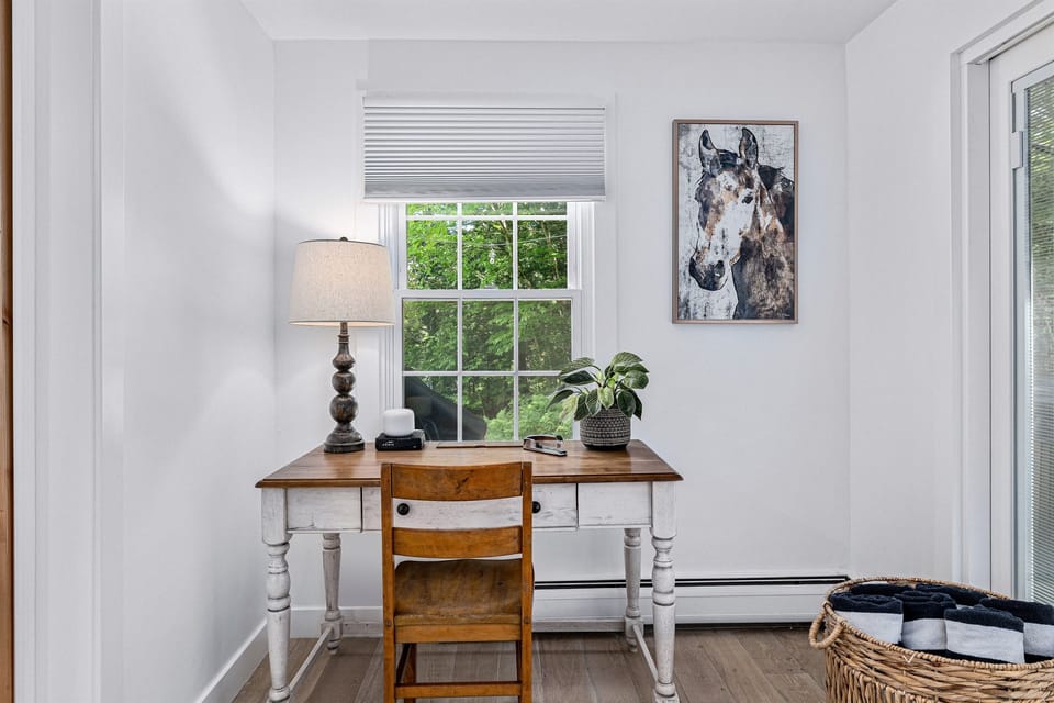 The first floor bedroom provides the option of a dedicated office space. Or put work away and kick back on our full-size sofa bed . There are basic office supplies available in the desk