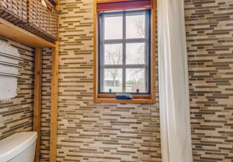 Bathroom, shower, commode, hair drier, hair care and body products.