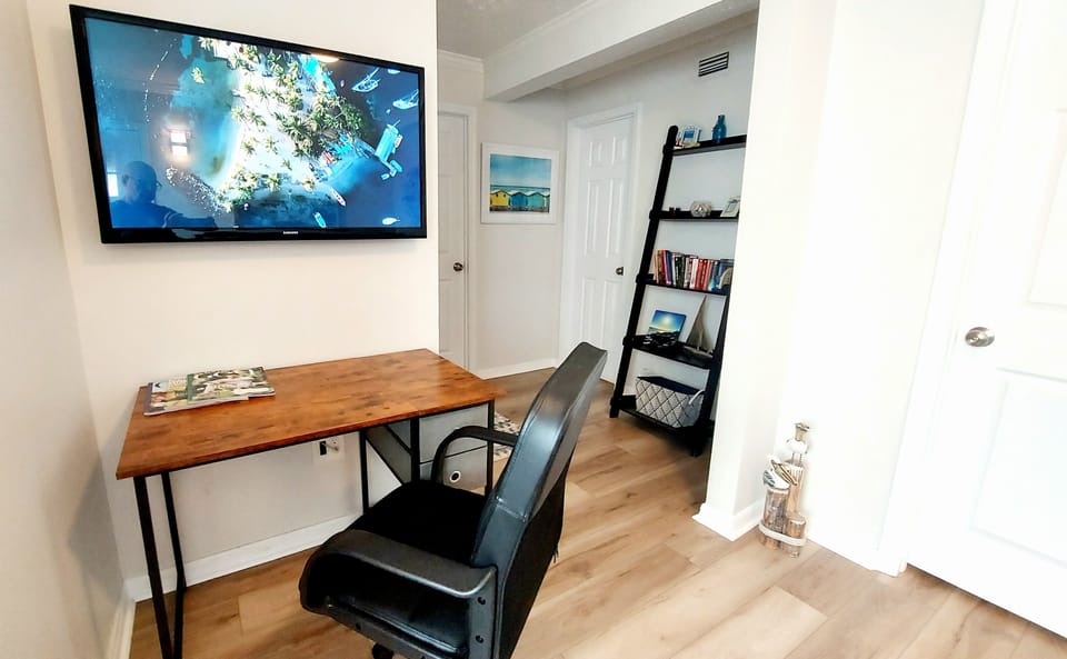 Lower Den desk, desk chair and 45" smart TV
