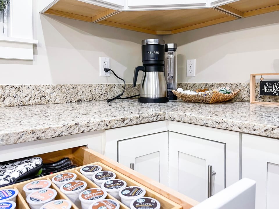 Keurig with Kcup + carafe for groups. French press + electric kettle 