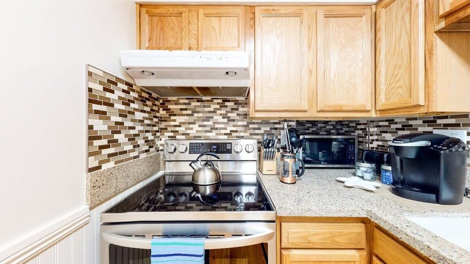 Electric Stove with four burners, Keruig, French Press - plus coffees, Tea Kettle and teas.  Stocked with everything you could need.