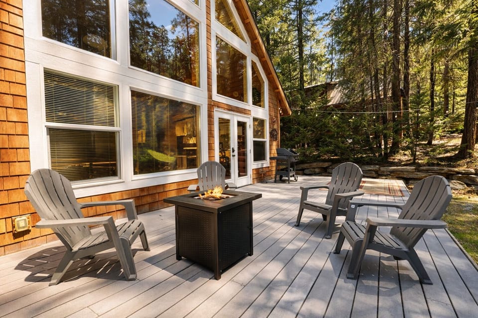 Gather around the private fire table on this peaceful deck.