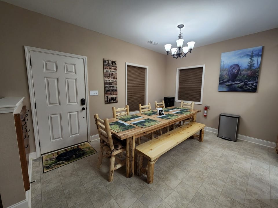 Custom wood nine-foot hickory dining table, with seating for up to nine guests