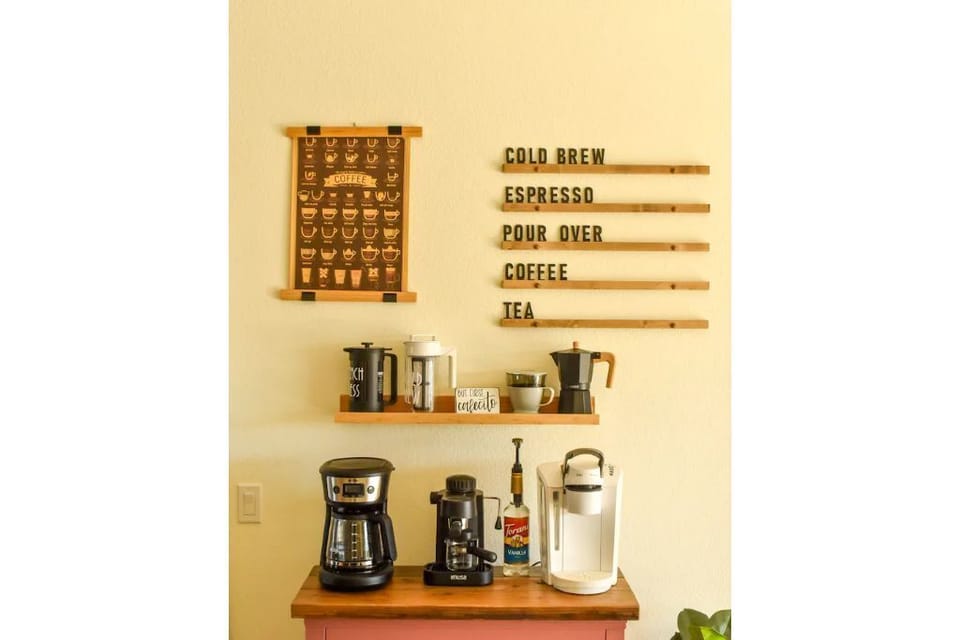 Fully stocked coffee bar! Everything you need provided for that perfect latte!